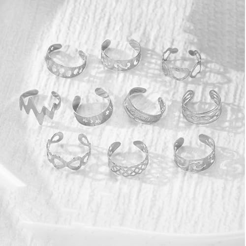 Image of 12PCS Toe Rings for Women 14K Gold /Silver Plated Adjustable Toe Ring Set Open Heart Arrow Infinity Rings Beach Foot Jewelry for Summer