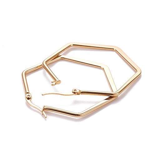 304 Stainless Steel Hoop Earrings Hexagon Gold 45.5x41x2m 0.7x1mm P2072