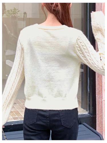 Image of BEAUDRM Women's Bow Decor Cable Knit Sweaters Crew Neck Long Sleeve Pullover Tops White Large