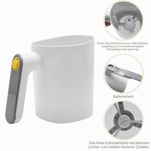 Foto von DASNTERED Elektrisches Mehlsieb, batteriebetriebenes Edelstahlgeflecht, Backwerkzeugsieb, Kochen, Edelstahl-Mesh-Shaker, handlicher Puder-Shaker, Sieb, Gebäck (weiß)