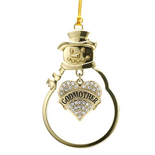 Inspired Silver - Godmother Charm Ornament - Gold Pave Heart Charm Snowman Ornament with Cubic Zirconia Jewelry