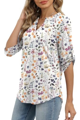Image of XIEERDUO 3 /4 Length Sleeve Womens Tops V Neck T Shirts Both Side Buttons Blouses Business Casual Outfits Loose Fit