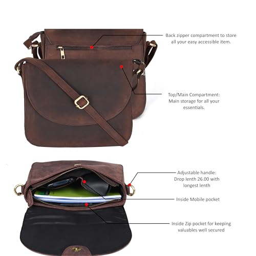 Image of Genuine Leather Shoulder Crossbody Purse For Women with Adjustable Strap, Mobile Pocket & Outside & Inside Zipper