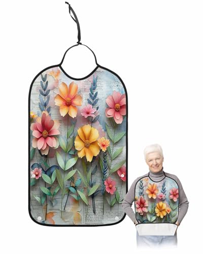 Floral Adult Bib for Adults Men, Women, Shabby Chic Newspaper Flower Leaf Watercolor Washable & Adjustable Terry Cloth Bib with Crumb Catcher Reusable Waterproof Clothing Clothes Protector Apron