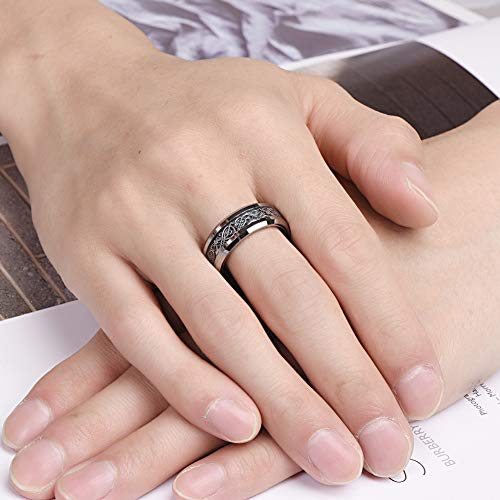 Vakki Celtic Dragon Rings for Men 8mm Blue/Silver Carbon Fiber Inlay Tungsten Carbide Wedding Band Beveled Edge Size 5-142