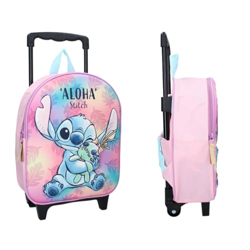 mybagstory - sac à dos à roulettes 3D stitch pour fille – 3D – Rose - Enfant - Ecole - Maternelle - Garderie - Cartable Fille - Taille 32 cm - Bretelles...