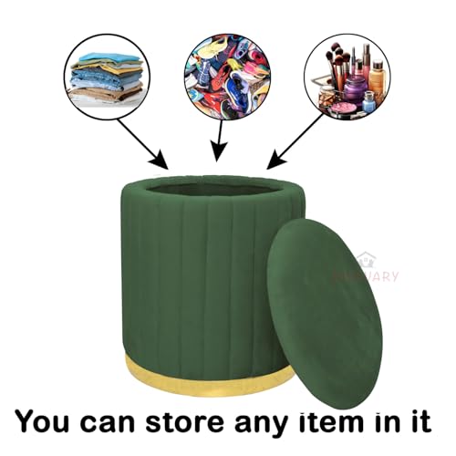 Image of Round Velvet Luxurious Storage Ottoman, Pouf with Storage Vanity Stool Chair,Upholstered Foot Rest Stool with Gold Strip Base for Living Room or Bedroom (Green., Large-40Dx40Wx46H)