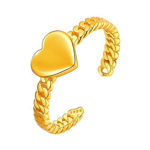 18K Gold Plated Sterling Silver Dainty Simple Heart Ring High Polished Cuban Link Chain Ring Eternity Wedding Band Adjustable Opening Finger Ring for Women Men