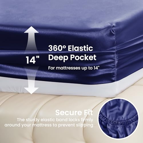 Image of Love's cabin Satin King Sheet Sets - 4 Piece Navy Blue Silky Sheets King Size Bed with Deep Pocket, Luxury Silk Feel King Size Satin Sheet Set (1 Flat Sheet,1 Fitted Sheet,2 Pillow Cases)