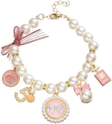 Collari di perle per cani rosa Collana di perle per animali domestici Collana con fiocco carino per cani da principessa, accessorio per cuccioli, gioielli per gatti, collana regolabile (S)