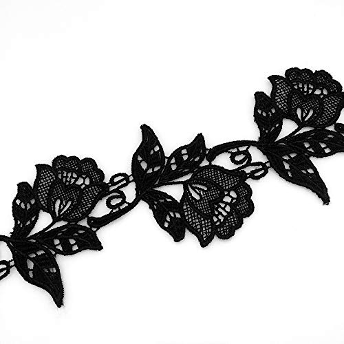 Fqtanju 5Yards Floral Motifs Boho Black Lace Applique Trim Sequins Flower Embroidery Applique Sewing Craft #TOP1