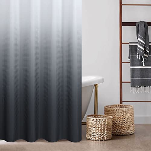 Black Waffle Weave Textured Fabric Bath Shower Curtain Set, 230Gsm Polyester Ombre Shower Curtains For Bathroom, Waterproof Shower Curtain Liner With 12 Hooks,Machine Washable (72 X 72 Inch, Black) #TOP6