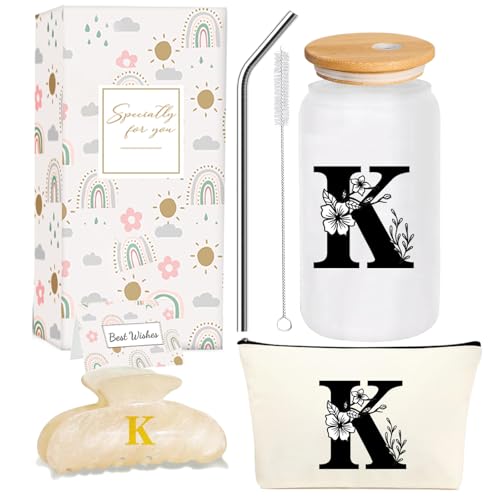 4MELLY Monogrammed Initial Glass Cup Personalized Gifts for Women 16oz Initial Letter...