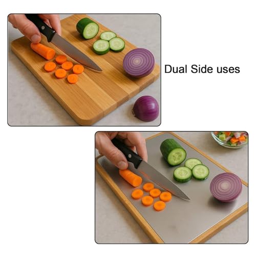 Image of Btop Stainless Steel Chopping Board, Corrosion Resistant, Waterproof, Rust-Proof, Professional Kitchen Equipment (Steel & Wood Dualside Medium Size Chopping Board)