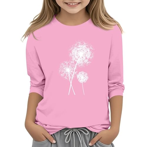 3/4 Length Sleeve Kids Girls Tops Fashion Pattern Pullover Casual Loose Fit Crewneck T Shirts Cute Solid Tunic Tops