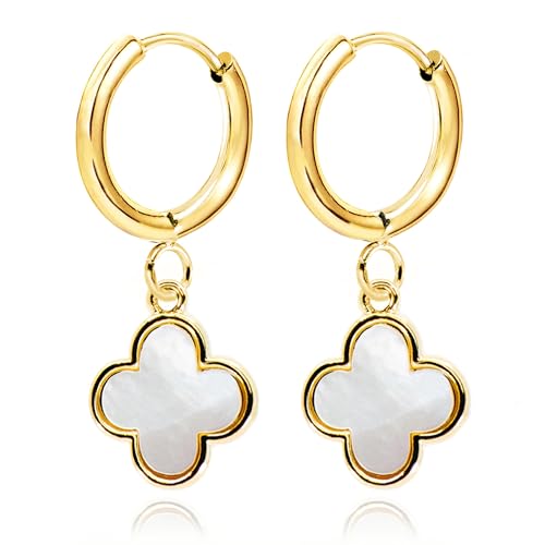 Four Leaf Clover Dangle Earrings for Women • 14K Gold Plated White Mother of Pearl/Black Onyx/CZ Diamond Lucky Clover Charm Drop Huggie Hoops Earrings [CVRE]