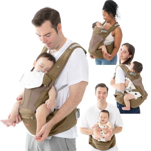 BabbleRoo 6-in-1 Baby Carrier with Hip Seat, Ergonomic Newborn to Toddler Carrier 7–50 lbs, Front Back Hip Carry, Lumbar Support, Sun Hood, Safety-Certified, Warm Taupe