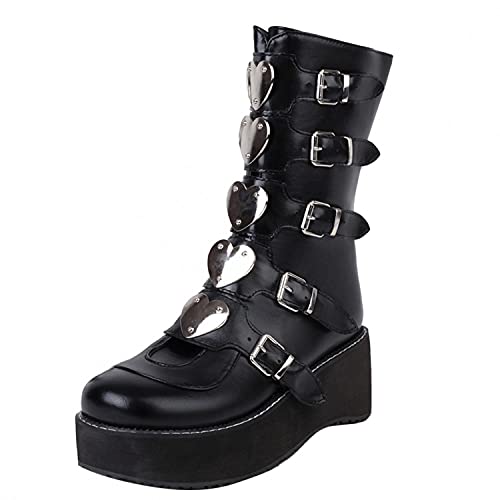 TOPEREUR Winter Gothic Punk Damen Plattform Stiefel Schwarz Schnalle Riemen Reißverschluss Creeper Wedges Schuhe Mid Calf Military Combat Stiefel Cover