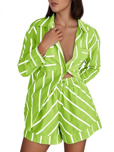 Image of Tankaneo Womens Striped 2 Piece Outfits Button Down Shirts and Shorts Lounge Matching Sets