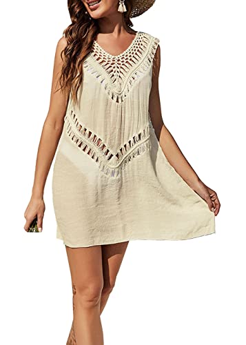 Strandklänning dam bikini cover ups strandkläder ärmlös pareos strandklänningar västklänning v-ringad ihålig sommarklänning löst badmode strandtunika täckande, Beige, En Storlek