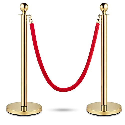 Gold Stanchions and Velvet Ropes, Red Carpet Ropes and Poles 5ft/1.5 M, Stainless Steel Stanchion Post, Rope Safety Barriers Waterproof and Rustproof Set for Party Supplies (Gold-2PCS)