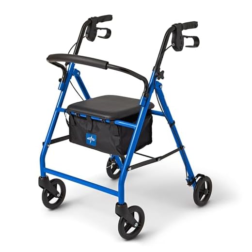 Medline Steel Foldable Adult Transport Rollator Mobility Walker with 6” Wheels, Blue