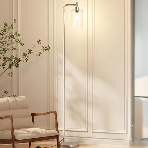 169cm 65in Industrial Floor Lamp with Hanging Clear Glass Shade, Weighted Metal Base & Foot Switch, Black, Gold, Silver Standing Light AU Plug for Living Room, Bedroom and Office