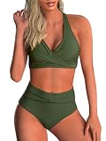 Adigaber Damen Zweiteiliger Badeanzug V Ausschnitt überkreuztes Blumenmuster Bikini Bademode Bauchkontrolle Bikini Sets