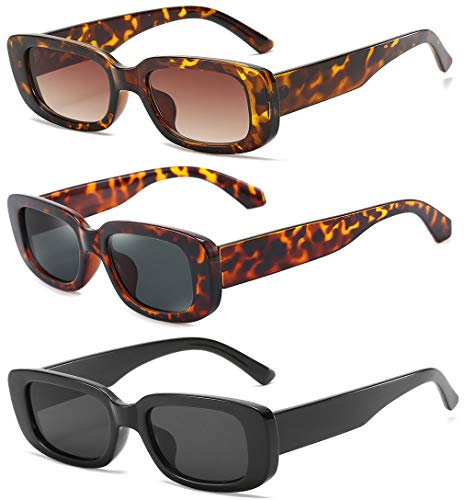 Dollger Rectangle Sunglasses for Women Retro Fashion Sunglasses UV 400 Protection Square Frame Eyewear, Leopard Brown and Leopard Green and Black 3packs, Small