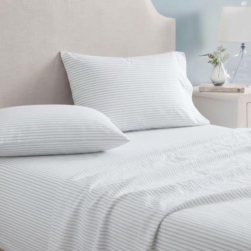 Image of Martha Stewart - King Sheet Set with Fitted Sheet & Pillowcases, Soft Cotton Flannel Bedding, Deep Pocket, Ticking Stripe Blue