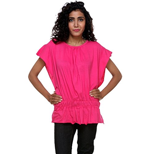 Image of Teemoods Women's Short Sleeve Blouson Top - Round Neck, Elastic Waist, Loose Fit Viscose Summer Top for Women