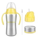 【3 EN 1】 Con 3 tapas reemplazables diferente, esta Biberón con asas puede servir como botella agua, biberón aislado y taza de bebida para niños, su bebé puede usarlo hasta 3 años. Botella niños acero inoxidable cuenta con asas de entrenador de agarre antideslizante que hacen que sea fácil para el niño sostener la taza.