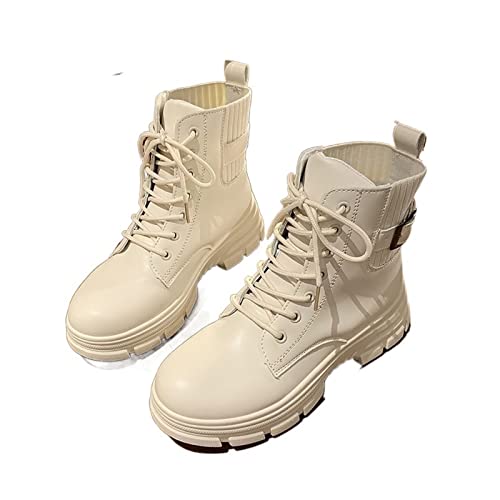 Bottes de combat blanches haut de gamme pour femmes avec finitions boucles et semelles épaisses