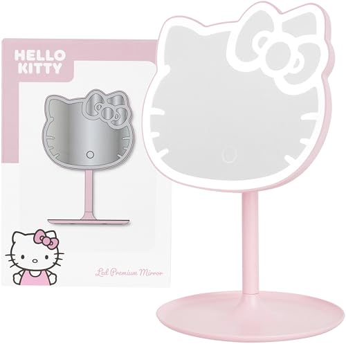 Get Trend Hello Kitty Sanrio Espejo Maquillaje con Luz LED, Diseño Redondo con Base Desmontable, Funciona con Pilas, Espejo Tocador Portátil, Regalos Anime (Rosa/Hello Kitty)