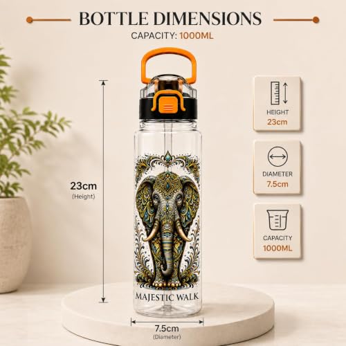 Image of Majestic Walk Elephant Printed Water Bottle 1 Litre with Straw & Gulp Drinking