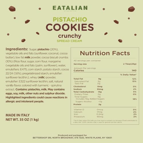 Image of EATALIAN by AMZ BETTER Pistachio Cream with Sweet Crunchy Cookies, 35.02 oz /1000 gr, Delicious Spread with a Uniquely Sweet Taste, Ideal on Bread, Excellent for Dubai Chocolate, Made in Italy