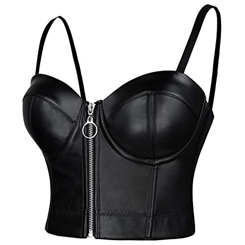 Charmian Women's Spaghetti Straps Gothic Pu Leather Corset Bustier Front Zipper Crop Top Bra Black Small #TOP1