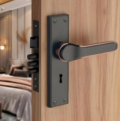 Image of Grey & Copper Finish Premium Door Handle with Lock Plate | Stylish Lever Design | Heavy-Duty Build | Ideal for Wooden & Metal Doors | Euro Profile Compatible