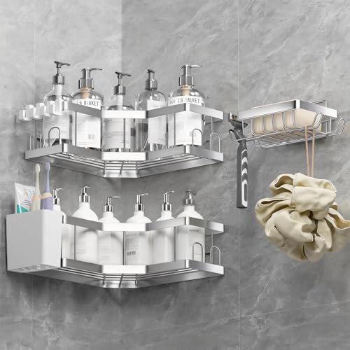 Shower Caddy, 4 Pack Silver Bathroom Shelves, Adhesive Shelf Storage No Drilling, Carbon Steel Shower Organiser, Rust-Resistant Caddy Corner, Soap Holder, Bathroom Accessory by AceMining - Used condition - CA$18.86