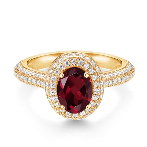 Gem Stone King 18K Yellow Gold Plated Silver 8X6MM Oval Gemstone Birthstone and White Moissanite Halo Engagement Ring | Wedding Anniversary Promise Ring For Women | Size 5,6,7,8,92
