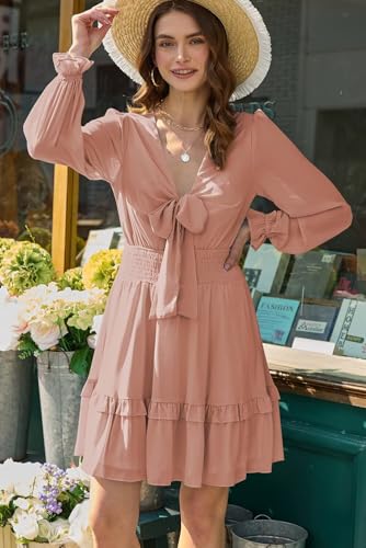 Image of Dokotoo Womens Casual Spring Fall 2025 Deep V Neck Knotted Tiered Chiffon Elegant Mini Short Swing Skater Dresses