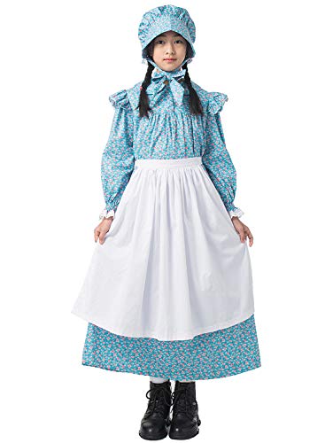 GRACEART Pioneer Girls Dress Colonial Prairie Costume 100% Cotton (6 colors option) (US-8, Blue)