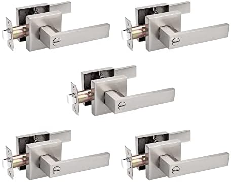 Probrico 5 Pack Square Door Lever Privacy Door Lock Handleset Keyless Lockset Door Knobs Storage Room Bathroom Set No Key in Satin Nickel