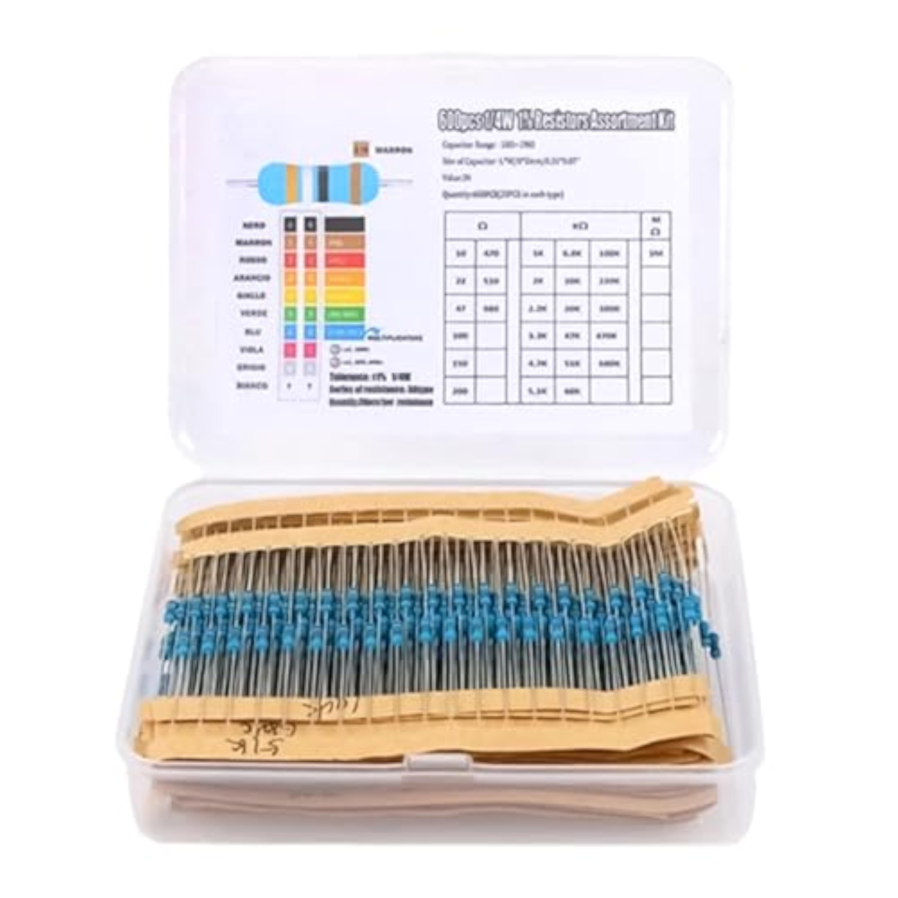 600 Piezas Kit de Resistencia Electrónica, Resistencias de Película de Carbono 1/4 W, 30 Valores de 10 Ohm a 1M Ohm, Resistencia de Precisión ±1%, Ideal para Experimentos Electrónicos, Proyectos DIY