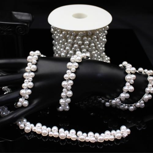 2 Yard Pearl Trim Chain String Silver Applique Fringe Ribbon Strips Beads Sewing Dress DIY Party Wedding Bouquet for Decoration Bridal Costume Embellishment by PEARLY JUN - Image 7