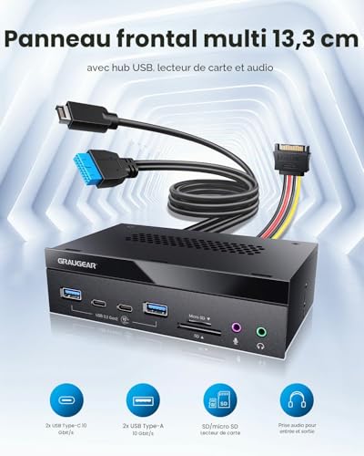 GRAUGEAR 8 interfaces [10 Gbit/s] Panneau Avant de 5,25 Pouces avec 2 Ports USB-C et 2 Ports USB-A USB 3.2 Gen2 10 Gbps, Lecteur de Carte SD et microSD, Audio I/O, Microphone, Ports Casque – vue 4
