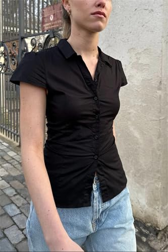 Image of Y2k Girls Vintage Coquette Button Down Shirt Women Short Sleeve V-Neck Slim Fitted T-Shirt Cute Blouse Crop Top