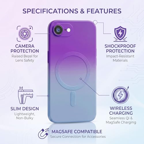 Image of amazon basics Gradient Mag-Safe Case for iPhone 16E | Soft Silicone Shockproof Cover with Camera Protection | Slim Lightweight Design | Smooth Touch & Durable - Purple & Gray