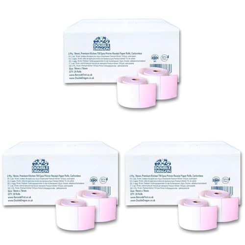 2 Ply, 76mm x 76mm, Carbonless Paper Rolls, Non-Thermal, for Kitchen Printer, Dot Matrix Impact Printer, Non-Thermal Cash Register, Printing Calculator, Till Epos PDQ Receipt Printer. Box of 20 Rolls