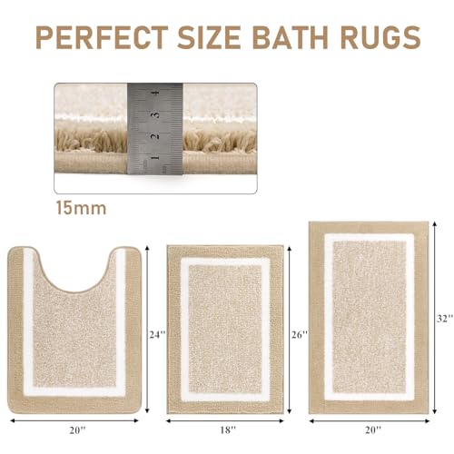 Pauwer Bathroom Rug Sets - 3 Piece Shower Mats with U-Shaped Contour Toilet Mat, Absorbent Microfiber Plush Bath Mats, Non Slip, Machine Washable Shaggy Floor Mats